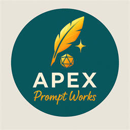 Apex Prompt Works logo with a quill, die, and star